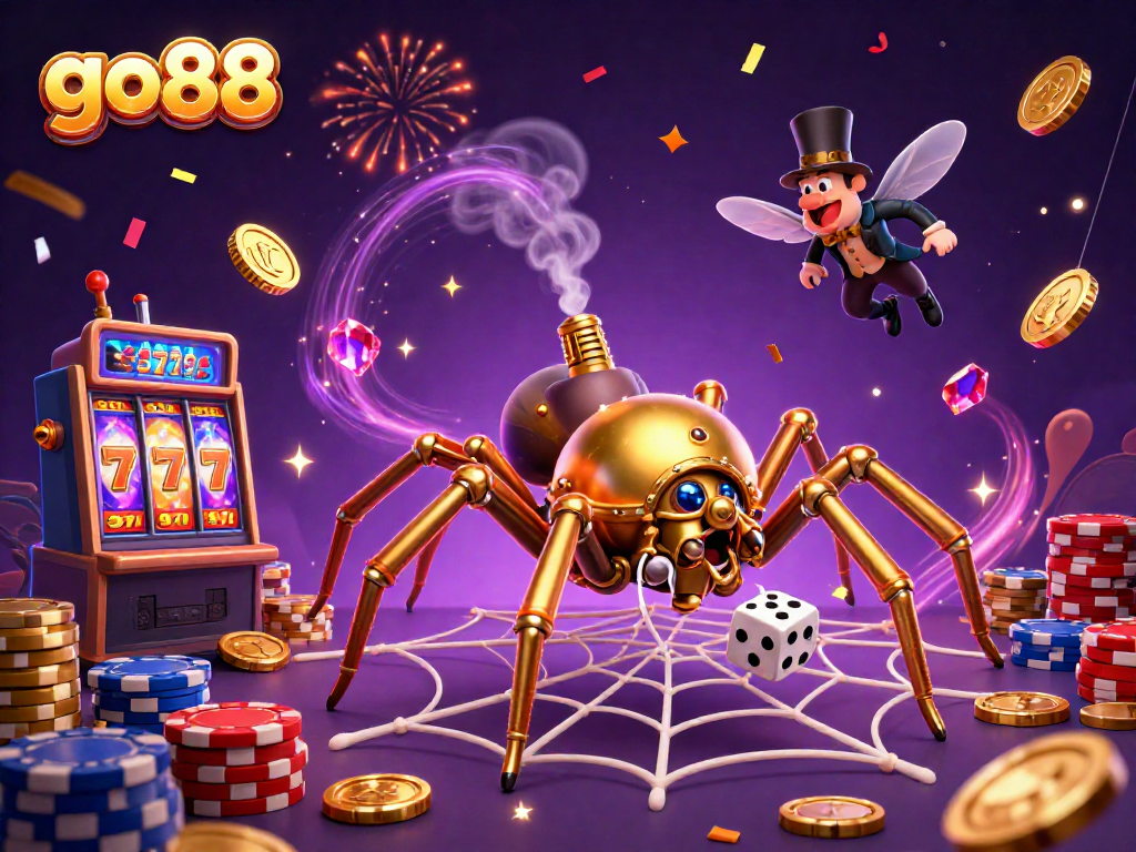 Catch the excitement of go 88 with a vibrant scene of games and lucky wins, showcasing steampunk elements.