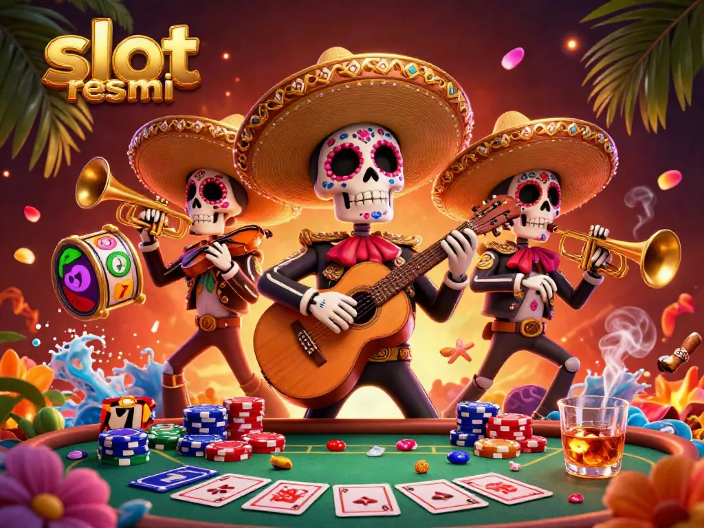 Engage with slot resmi in a colorful 3D casino scene featuring a mariachi band and vibrant gaming elements.