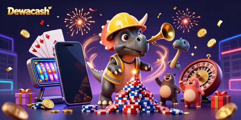 Dewacash offers a vibrant celebration with a triceratops building a poker chip pyramid, enhancing gaming energy.