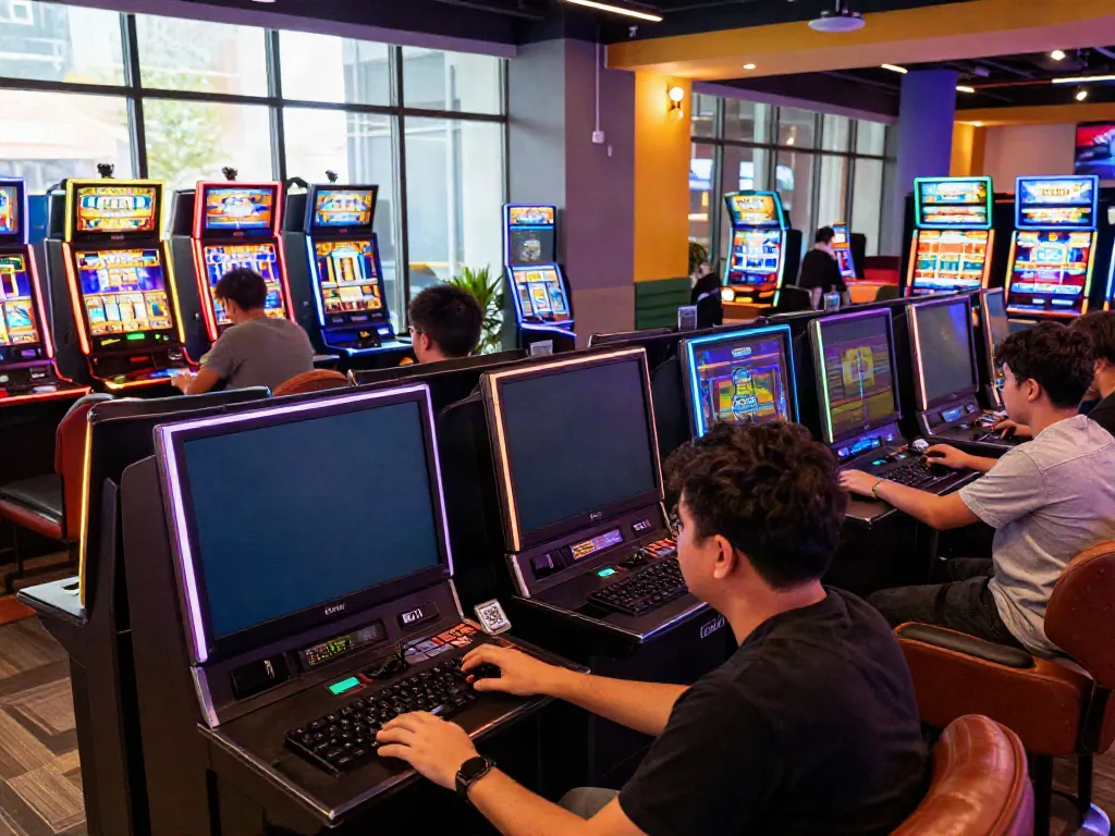 Players enjoying slot gacor thailand gaming in a vibrant lounge with engaging machines.