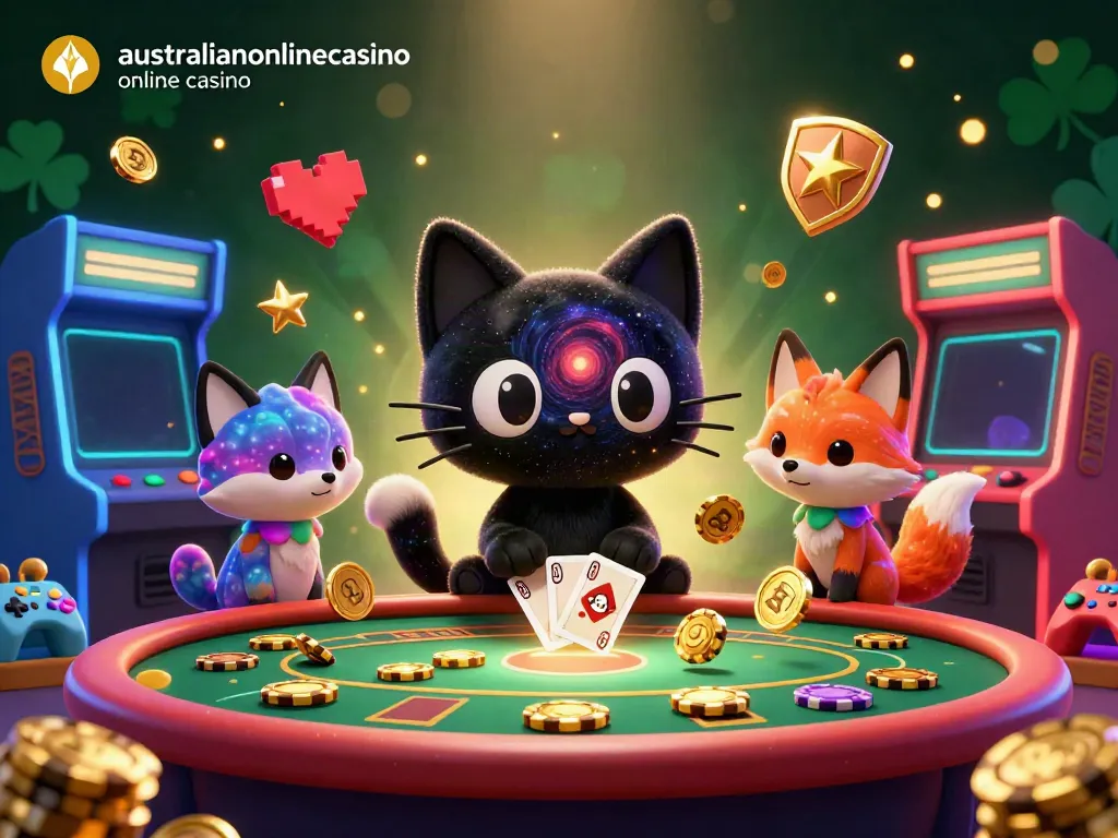 A vibrant scene illustrating australianonlinecasino online casino with a black hole cat and a colorful gas cloud fox amid casino elements and arcade machines.