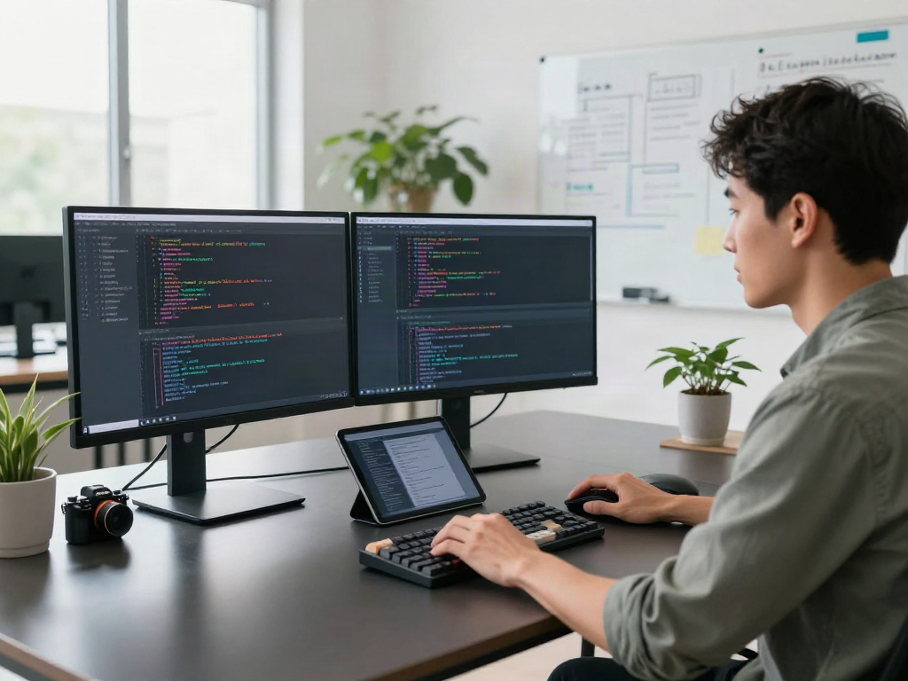 Developer using Brave browser in a modern tech workspace with dual monitors and coding setup.