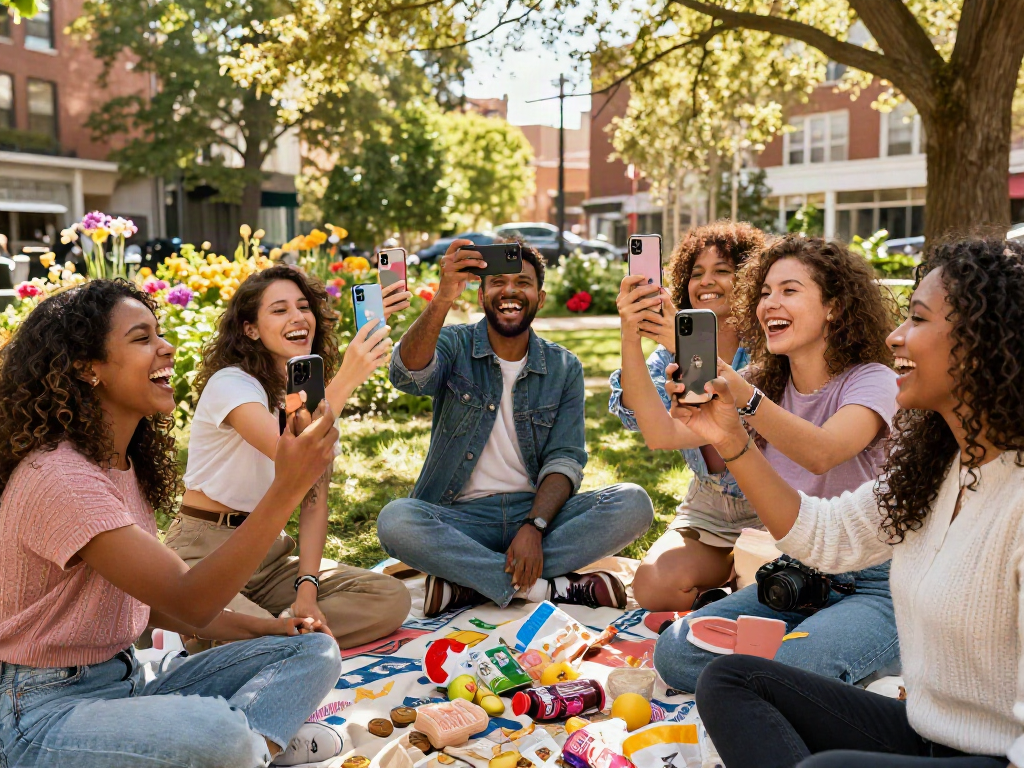 Friends enjoying a day outdoors, testing attractiveness on smartphones, showcasing beauty scores and facial features.