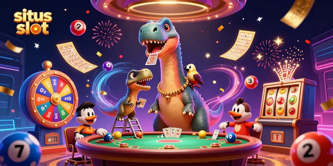 Gambarkan situs slot dengan dinosaurus raksasa dan elemen kasino dinamis, penuh warna.