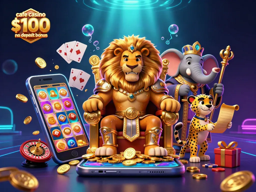 Play with cafe casino $100 no deposit bonus in a vibrant 3D casino scene filled with dynamic game elements.