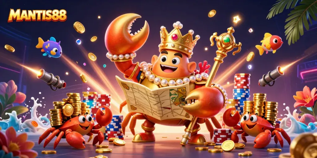 Win big with MANTIS88 as the golden crab emperor leads a treasure-filled underwater world!