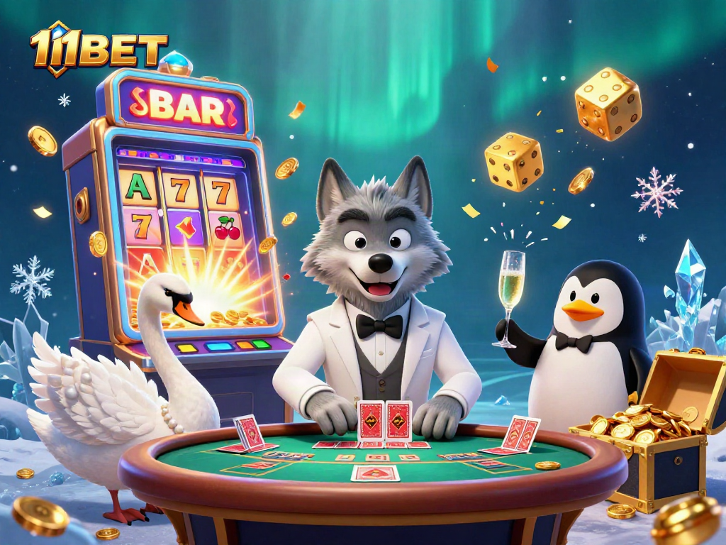 Win big with 11BET as a wolf, swan, and penguin enjoy an exciting casino scene.