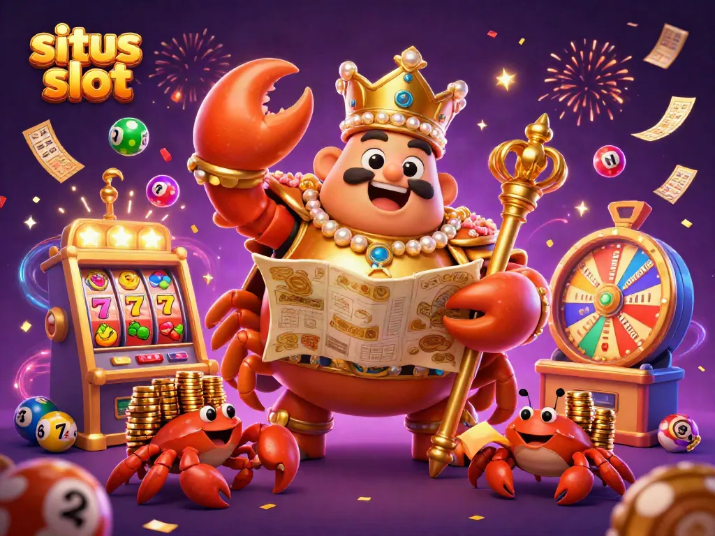 Engage in situs slot action with a golden crab emperor and colorful casino elements in a vibrant scene.