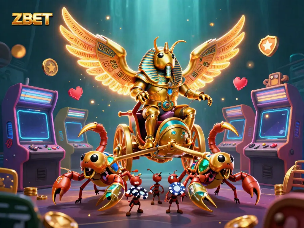 ZBET showcases a vibrant 3D casino scene with a golden scarab beetle and glowing game elements.