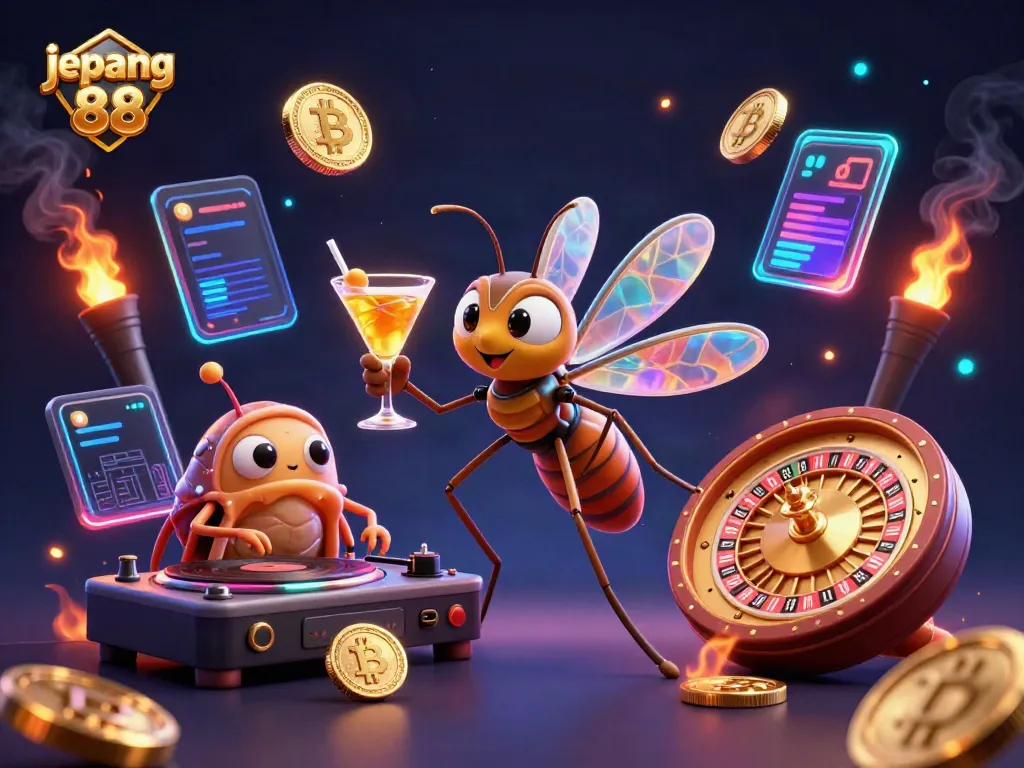 Engaging scene of Jepang 88 with a lively casino mascot, trilobite DJ, and a golden roulette wheel surrounded by crypto coins.