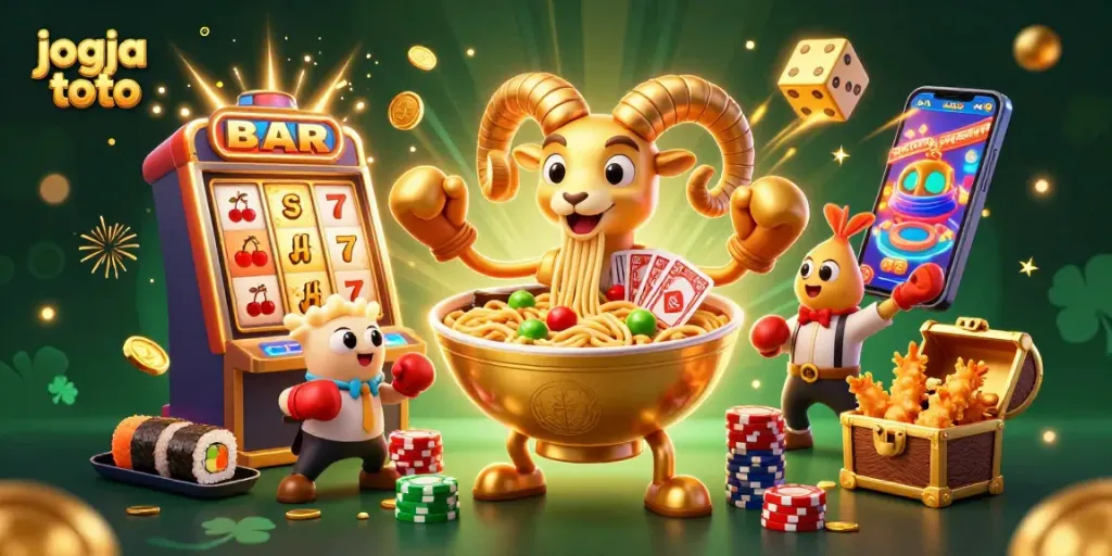 Engage with jogja toto's thrilling slots featuring a golden ramen bowl dealing cards amid a jackpot explosion.