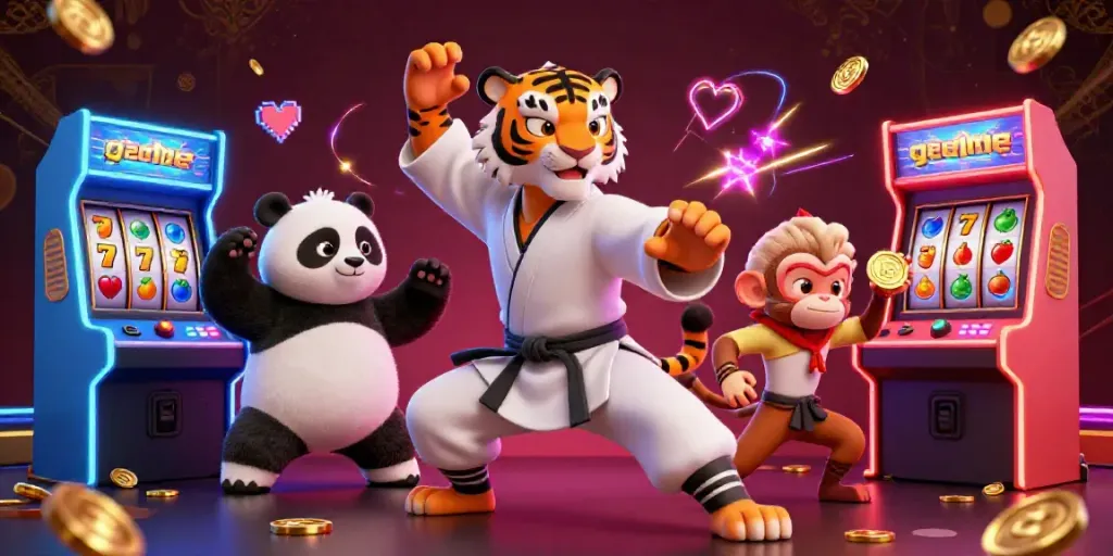 Experience thrilling game action with vibrant characters and slot machine elements.