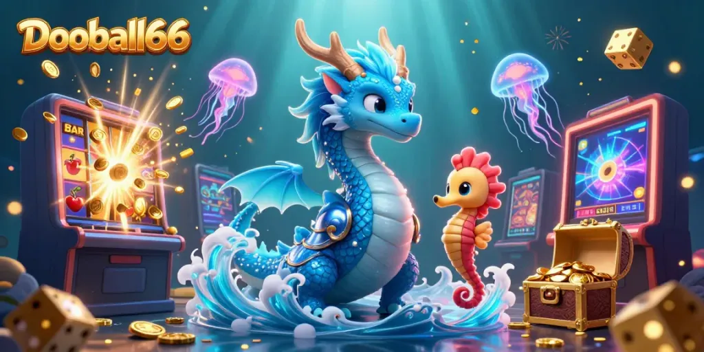 Engage with Dooball66 through a vibrant 3D scene featuring dynamic casino themes and vivid fantasy elements.
