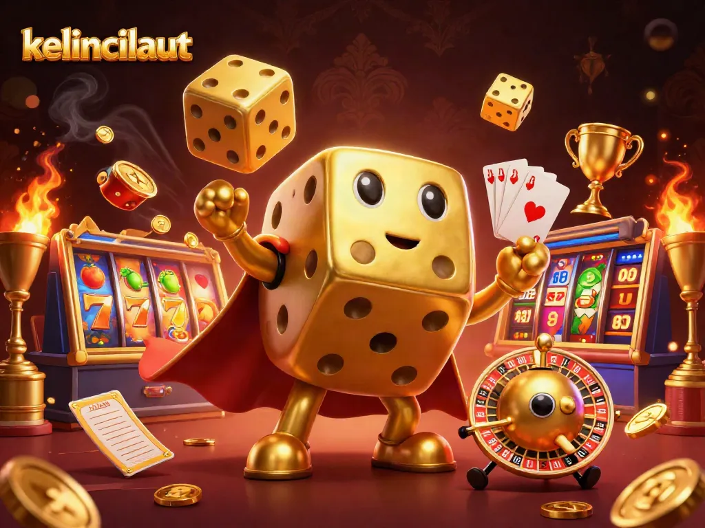 Engage with kelincilaut's vibrant slot experience, featuring a playful golden dice golem and dynamic casino elements.