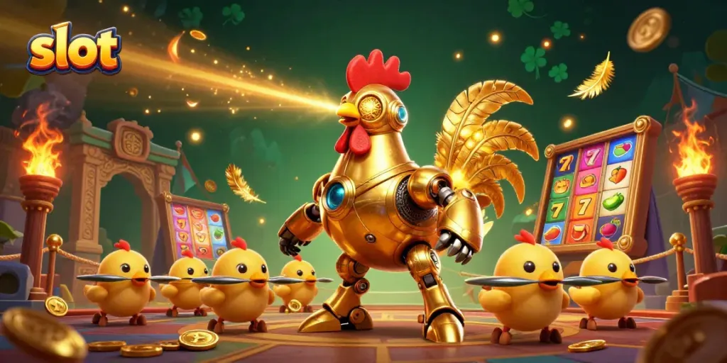 Engage with slot gameplay with dynamic 3D illustration featuring a golden rooster robot and baby chick drones.