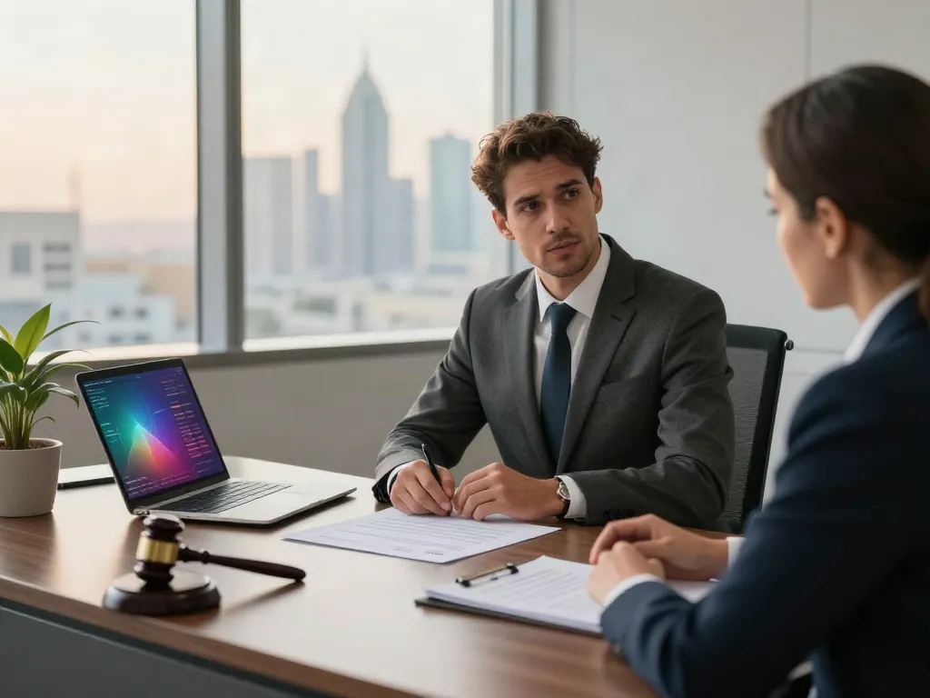 Cheque bounce lawyer Dubai consulting with a client in a modern legal office.