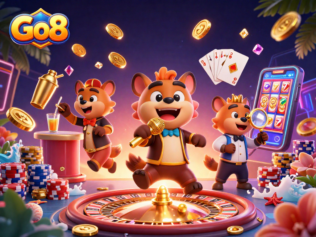 Join the lively casino scene at Go8, featuring hyenas, golden coins, and sparkling gems in action.