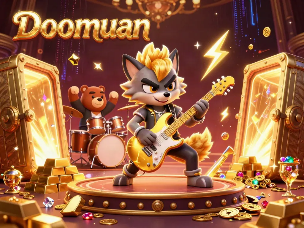 Doomuan showcases a vibrant wolf rock star shredding an electric guitar on a casino stage, enhanced with gold and jewel elements.
