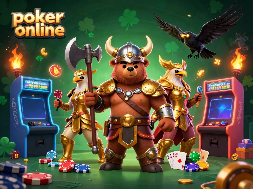 Experience the thrill of poker online with our vibrant 3D illustration featuring engaging characters and elements.