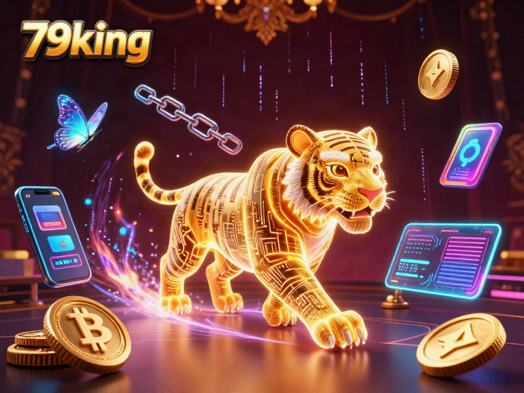 Engage in thrilling action at 79king with vibrant neon visuals and crypto elements in a captivating casino scene.