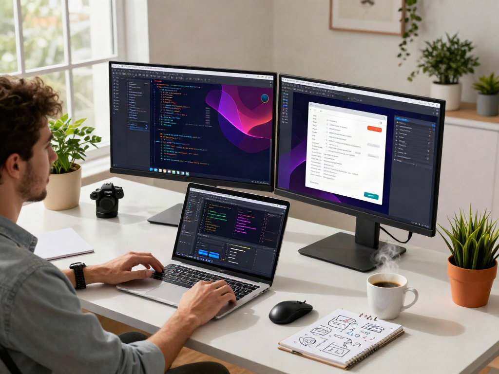 Developer working on cocoflix apk at modern workspace with vibrant code and design layout.