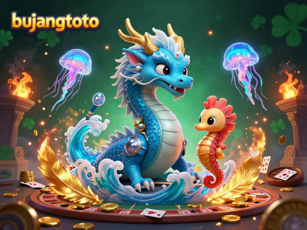Experience thrilling gameplay with bujangtoto in a vibrant casino-themed scene featuring a powerful dragon and seahorse knight.