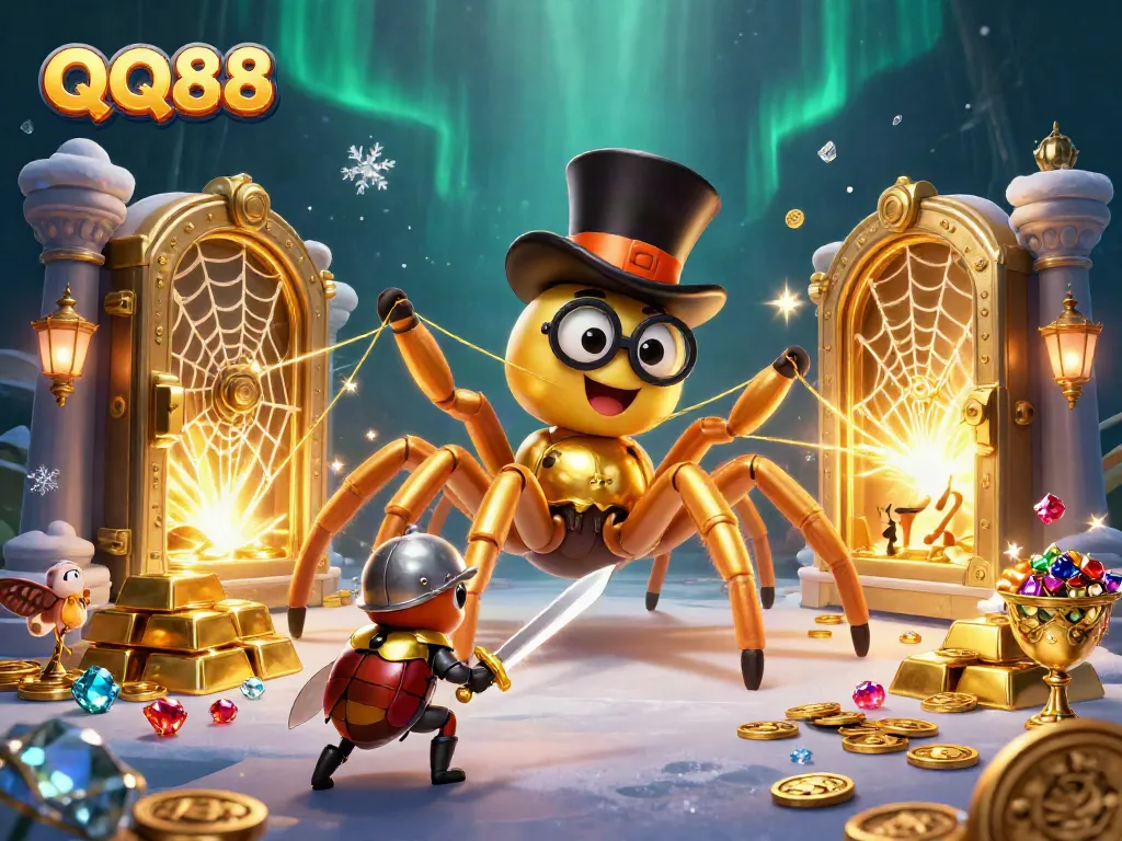 Experience QQ88's thrilling adventure with a giant tarantula weaving gold threads in a rich casino scene.