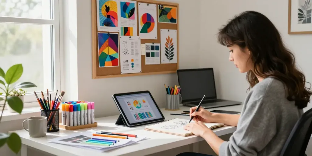 Marker pen supplier showing a creative workspace with vibrant markers and digital design tools.