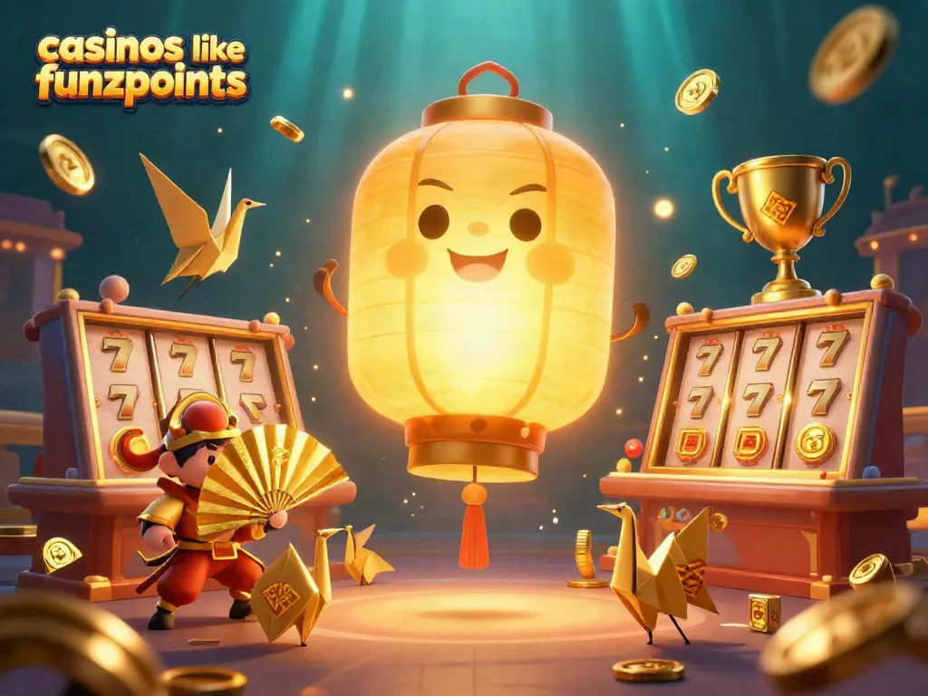 Spin and win with casinos like Funzpoints, featuring a vibrant scene of a golden lantern spirit and dynamic casino elements.