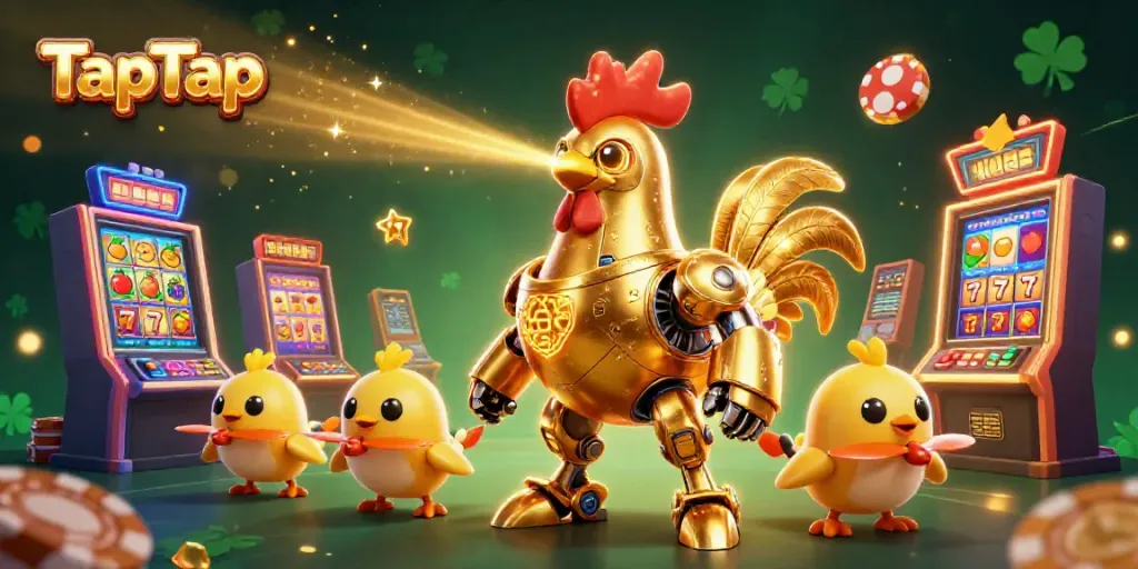 Experience TapTap in a vibrant casino scene with a golden rooster robot and engaging gaming elements.
