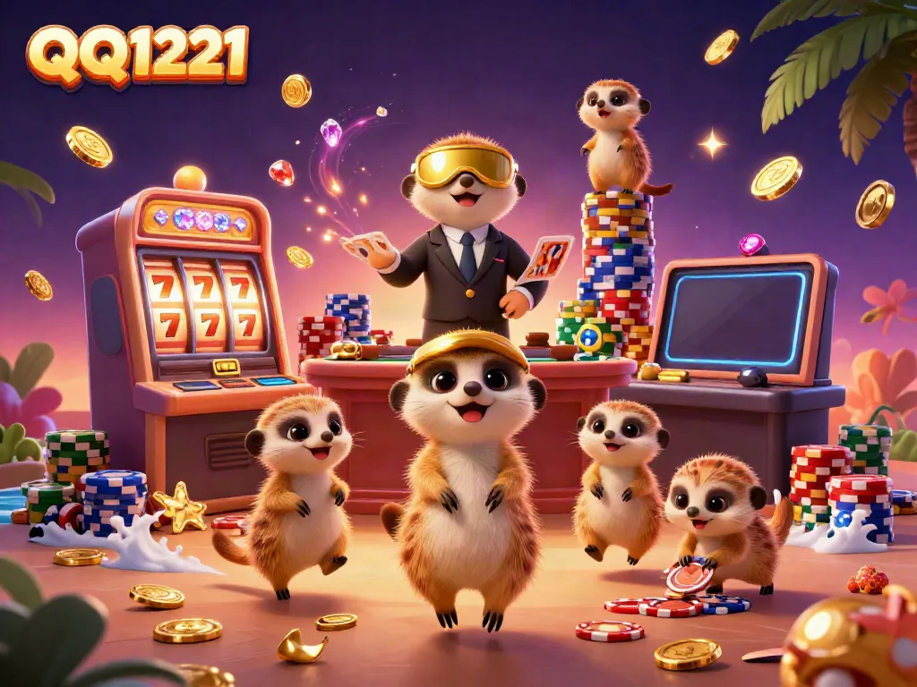 Experience QQ1221's thrill with playful meerkats in a dynamic casino setting filled with slot reels and vibrant chips.