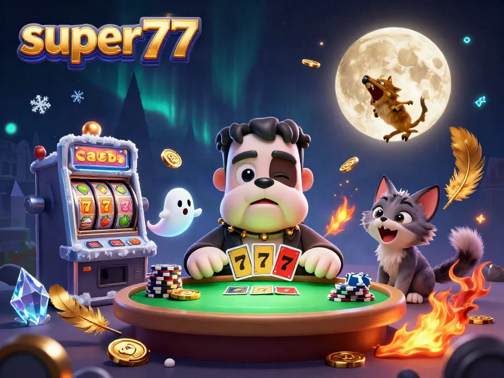 Play thrilling slots at super77 with a Frankenstein bulldog dealer and ghostly elements in an engaging casino scene.
