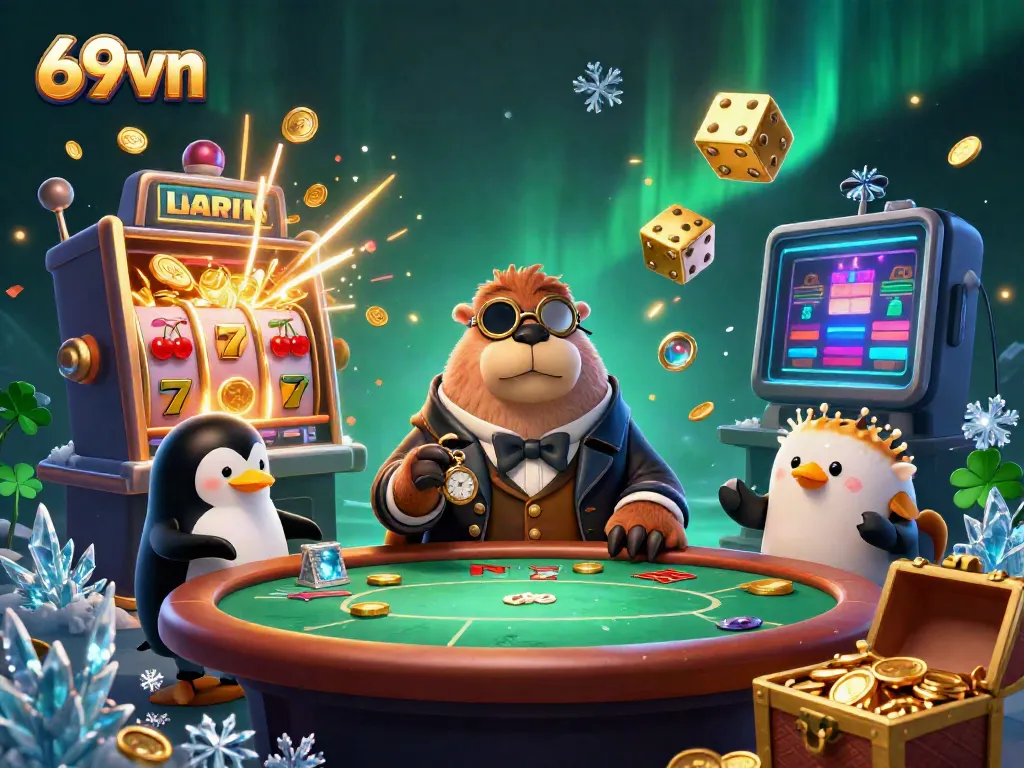 Experience 69vn's vibrant casino atmosphere with a whimsical underwater poker scene featuring a walrus, penguin dealer, and pufferfish.