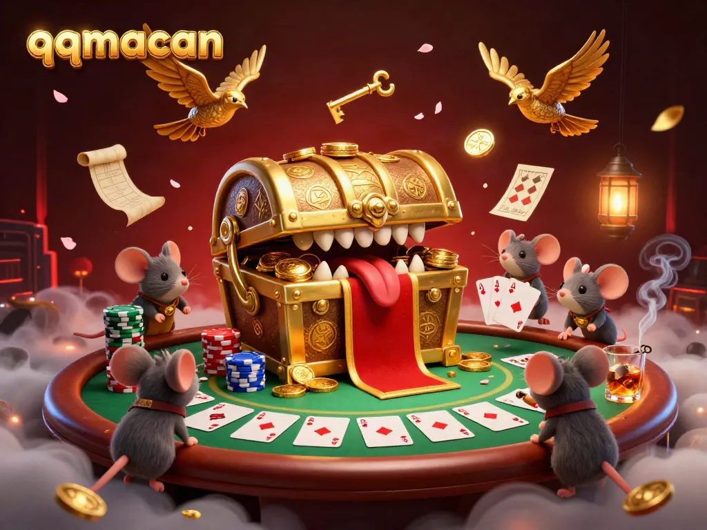 Engage with qqmacan’s thrilling casino adventure featuring a golden treasure chest and poker elements.