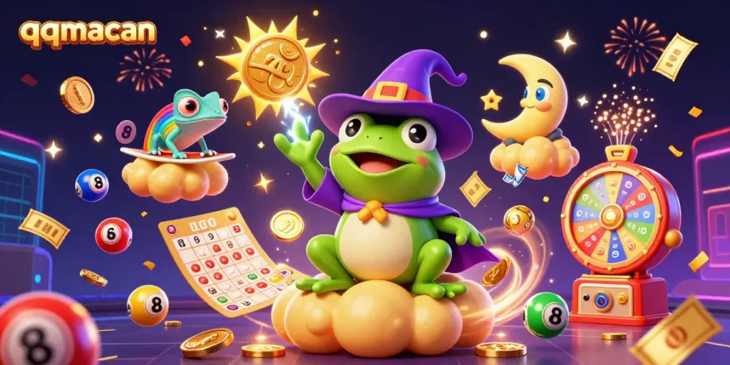 Experience the excitement of qqmacan with a wizard frog and chameleon in a dynamic gambling-themed storm of gold coins and lottery elements.