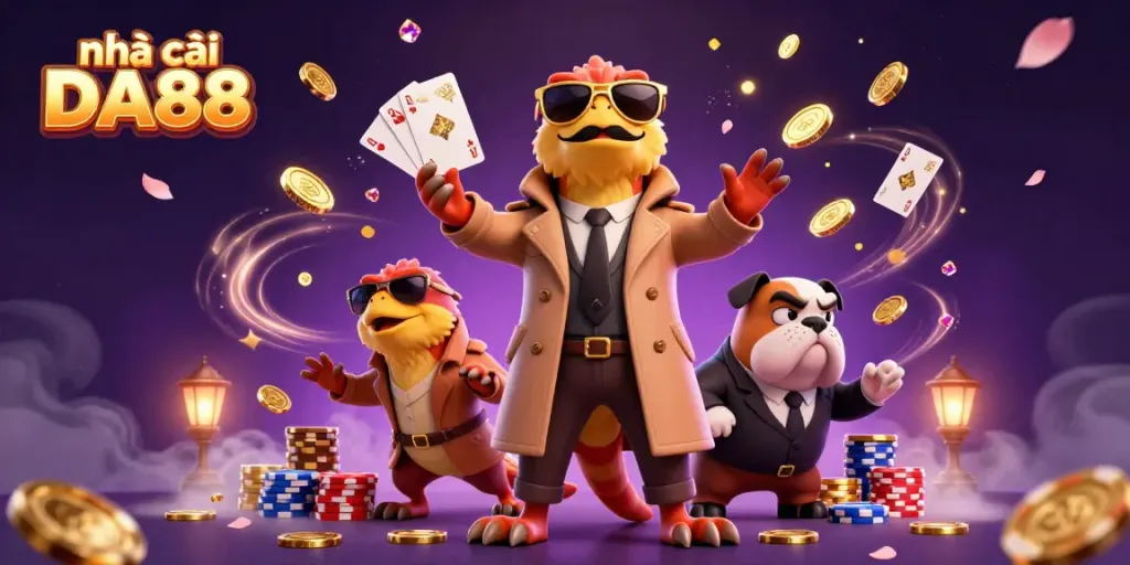 Engaging scene showcasing nhà cái DA88 with playful cartoon raptors in a VIP casino setting.