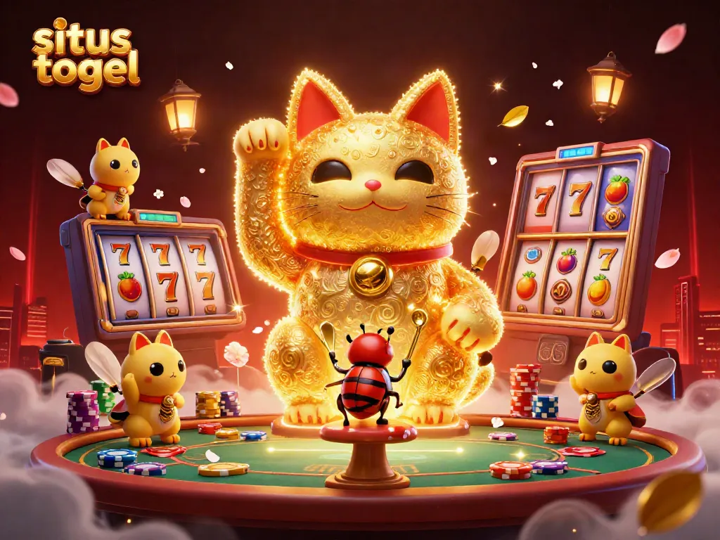 Engage with situs togel through an enchanting 3D digital art showcasing a lucky cat made of fireflies surrounded by vibrant casino elements.