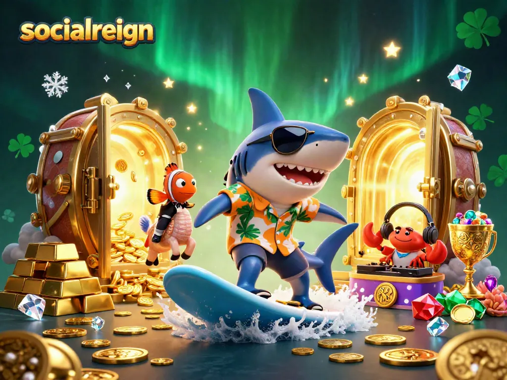 socialreign showcases a cartoon shark betting in a vibrant casino scene filled with gold coins and jewels.