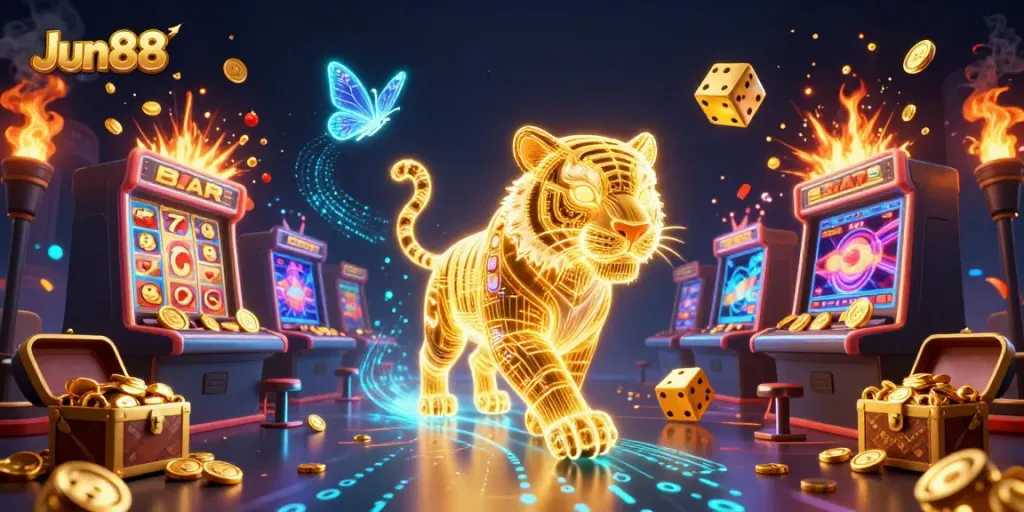 Experience thrilling jackpots at Jun88 with a vibrant digital casino scene featuring a golden tiger.