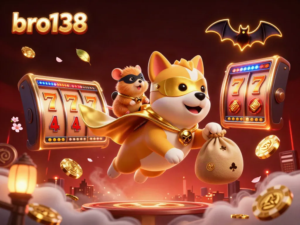 Experience the excitement at bro138 with a vibrant, dynamic casino scene featuring golden rewards and animated characters.
