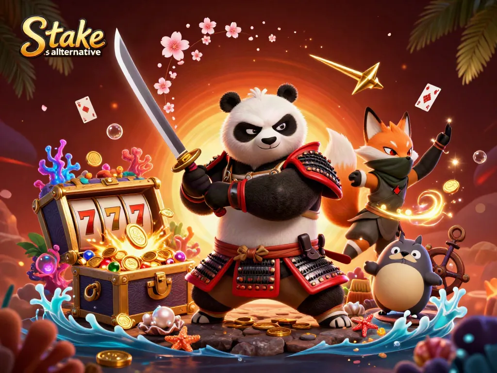 Experience gameplay excitement with stake.us alternative, featuring samurai panda and vibrant casino elements.