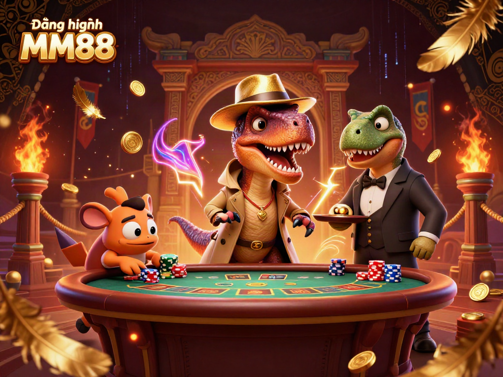 Engage in exciting Đăng nhập MM88 gameplay with a cartoon velociraptor at a blackjack table.