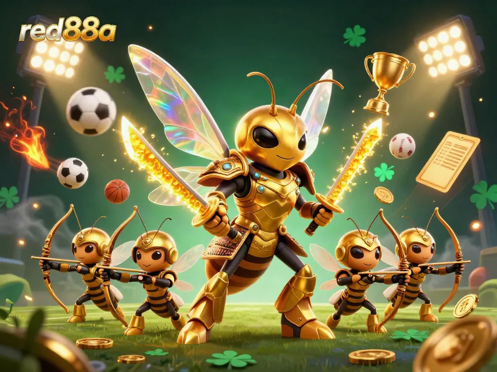 Experience the thrill of red88a with a dynamic illustration of a golden hornet samurai and sports action.