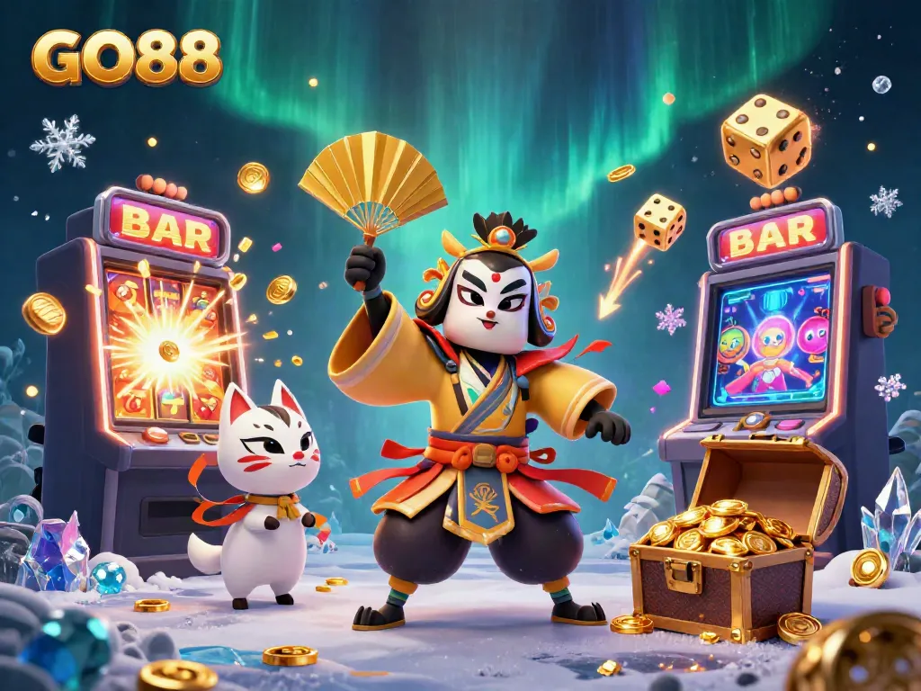 Win big at GO88 with a vibrant, engaging 3D casino scene featuring dynamic characters and games.