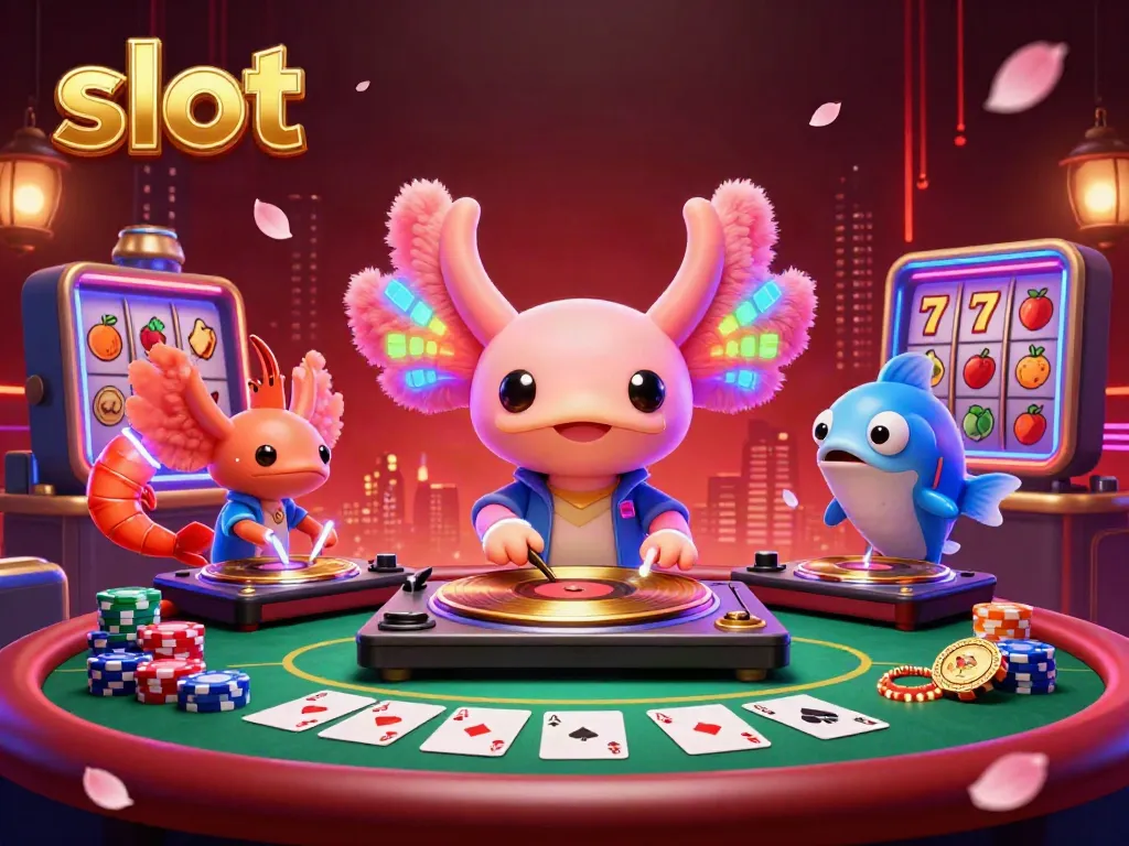 Slot meriah dengan axolotl DJ neon di kasino, dikelilingi banyak elemen permainan.