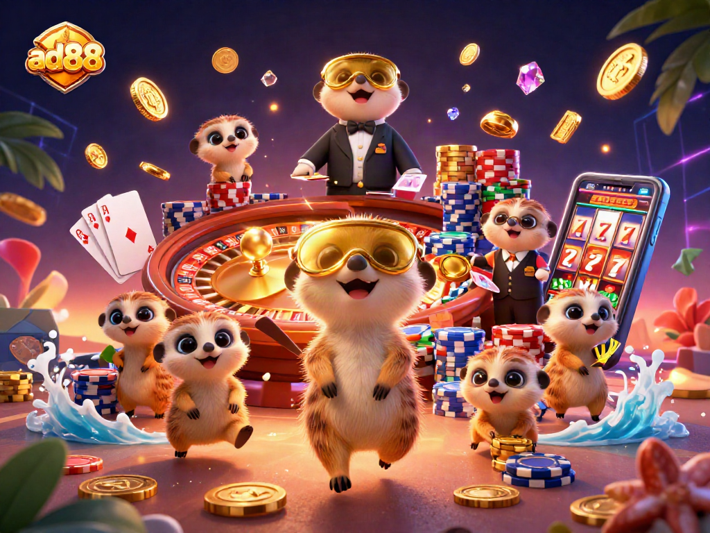 Win big at ad88 with this vibrant illustration showcasing a meerkat casino operation.