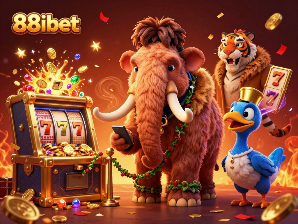 Experience the excitement of 88ibet with a vibrant casino illustration showcasing slot machines, gold coins, and lively characters.