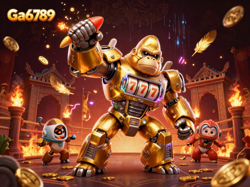 Ga6789's golden gorilla mech punches upward amidst dynamic casino elements and vibrant coins.