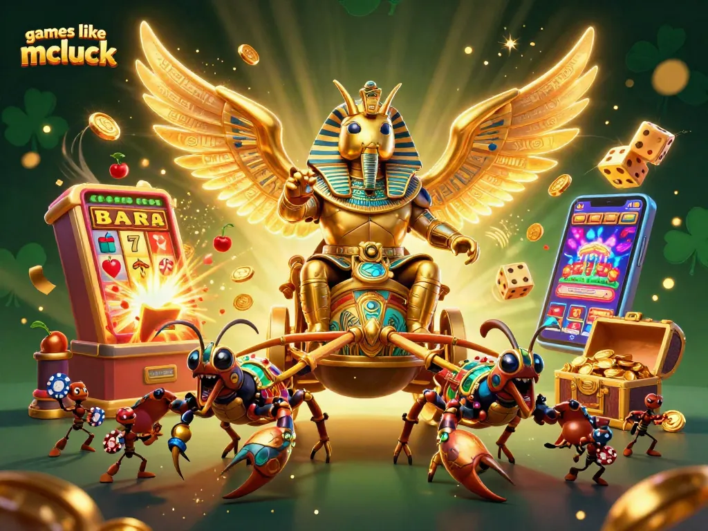 Engage with games like mcluck in a dynamic illustration of slots, casino elements, and festive animations.