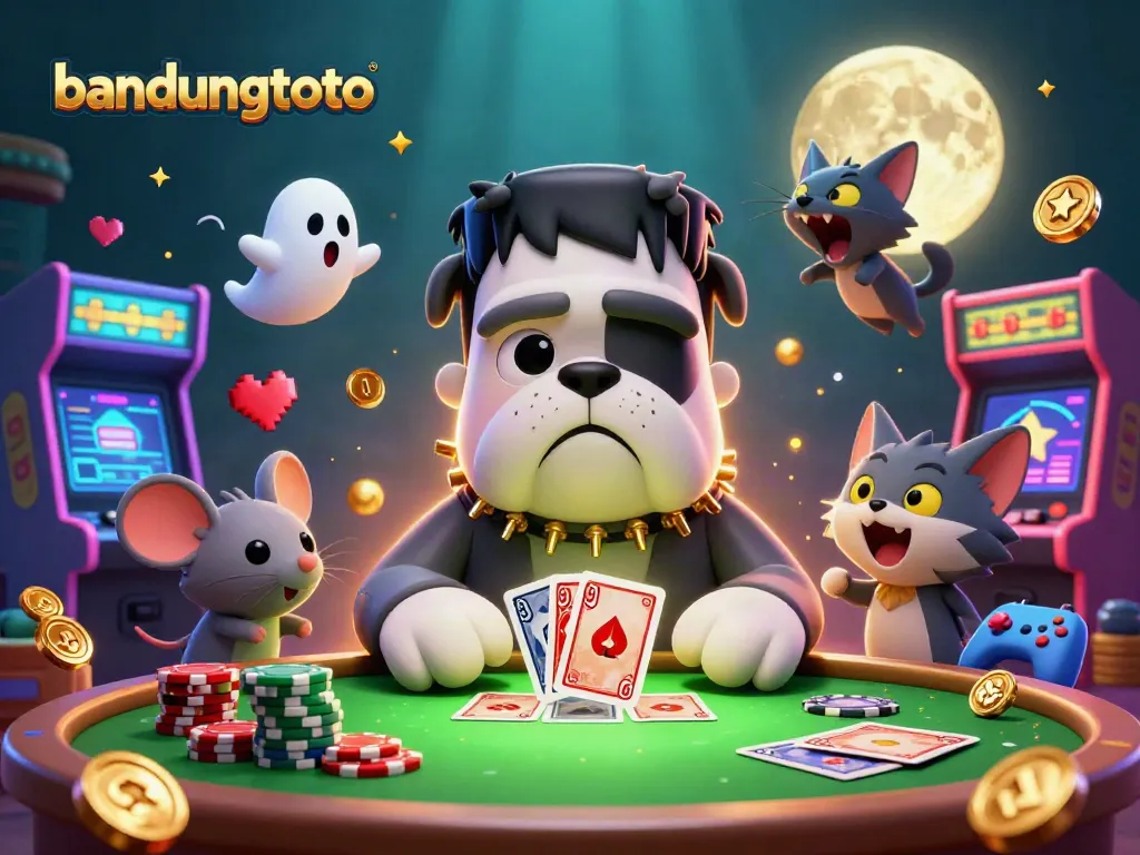Experience bandungtoto thrills as a Frankenstein bulldog monster deals cards amid a vibrant casino atmosphere.